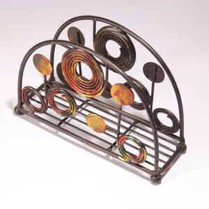 Metal Napkin Holder Kitschy 60's Vibe Mid Century Patina Oxidized 4 Ball Feet